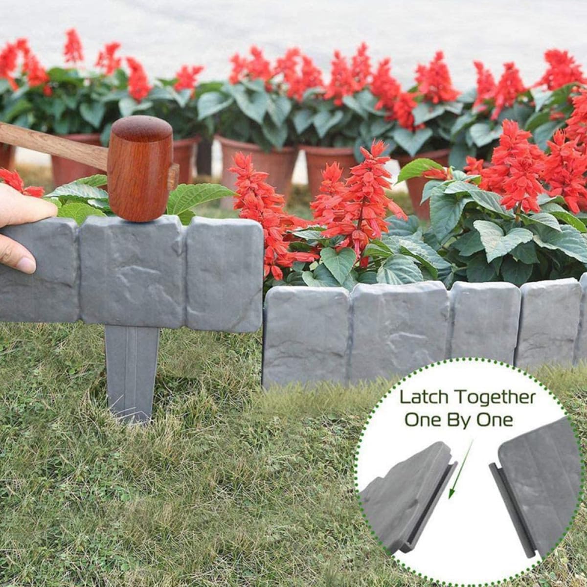 Uonlytech 20pcs Plastic Garden Fence Panel Stone Simulation Border for Garden Edging Outdoor Patio Decoration Gray