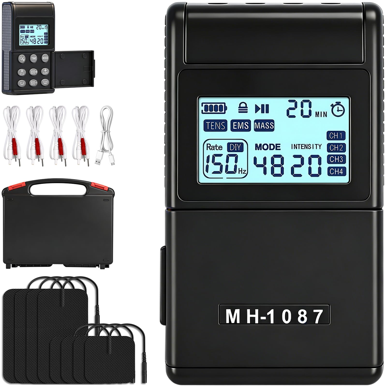Elettrostimolatore Muscolare 3 in 1 TENS Elettrostimolatore a Doppio Canale 48 Modalità 20 Livelli di Intensità con 8 Elettrodi per Alleviare Il Dolore e Costruire Muscoli