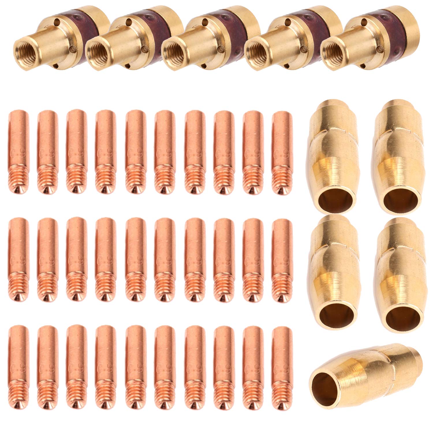 40Pcs/Set Mig Welding Gun Accessory 0.035" Kit for M-10,M-15 and Hobart H-9 H-10 Include 30pcs Contact Tips 000-068 0.035", 5pcs Gas Nozzles 169-715 1/2", 5pcs Gas Diffusers 169-716