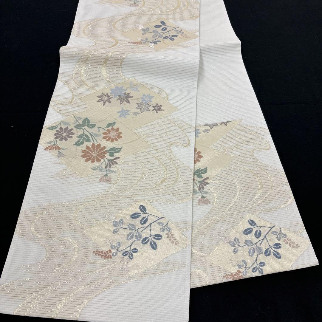 新品☆夏物,単衣きもの兼用袋帯仕立上り☆西陣老舗伝統涼感工芸露芝花文特選紗織 新品☆夏物,単衣きもの兼用袋帯仕立上り☆西陣老舗伝統涼感工芸波菱花