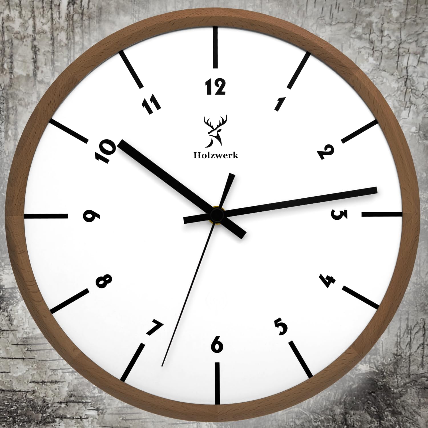 Holzwerk Natur Holz Wanduhr Holz-Uhr Vintage lautloses Uhrwerk ohne Tickgeräusche Braun Weiß lautlos skandinavisches Design aus handgefertigtem Massivholz 32 cm