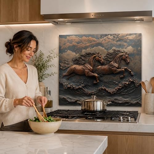 Tempered Glass Backsplash for Kitchen, Galloping Horses in the Waves Design Glass Backsplash, Copper Look Backsplash for Kitchen Wall, Rustic Kitchen Backsplash, Easy to Install Stove Backsplash