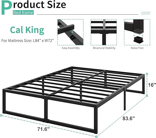 Miniatura 2 de Marcos de cama California King de 16 pulgadas, no necesita somier, plataforma de metal resistente para base de colchón, sin ruido, fácil montaje,