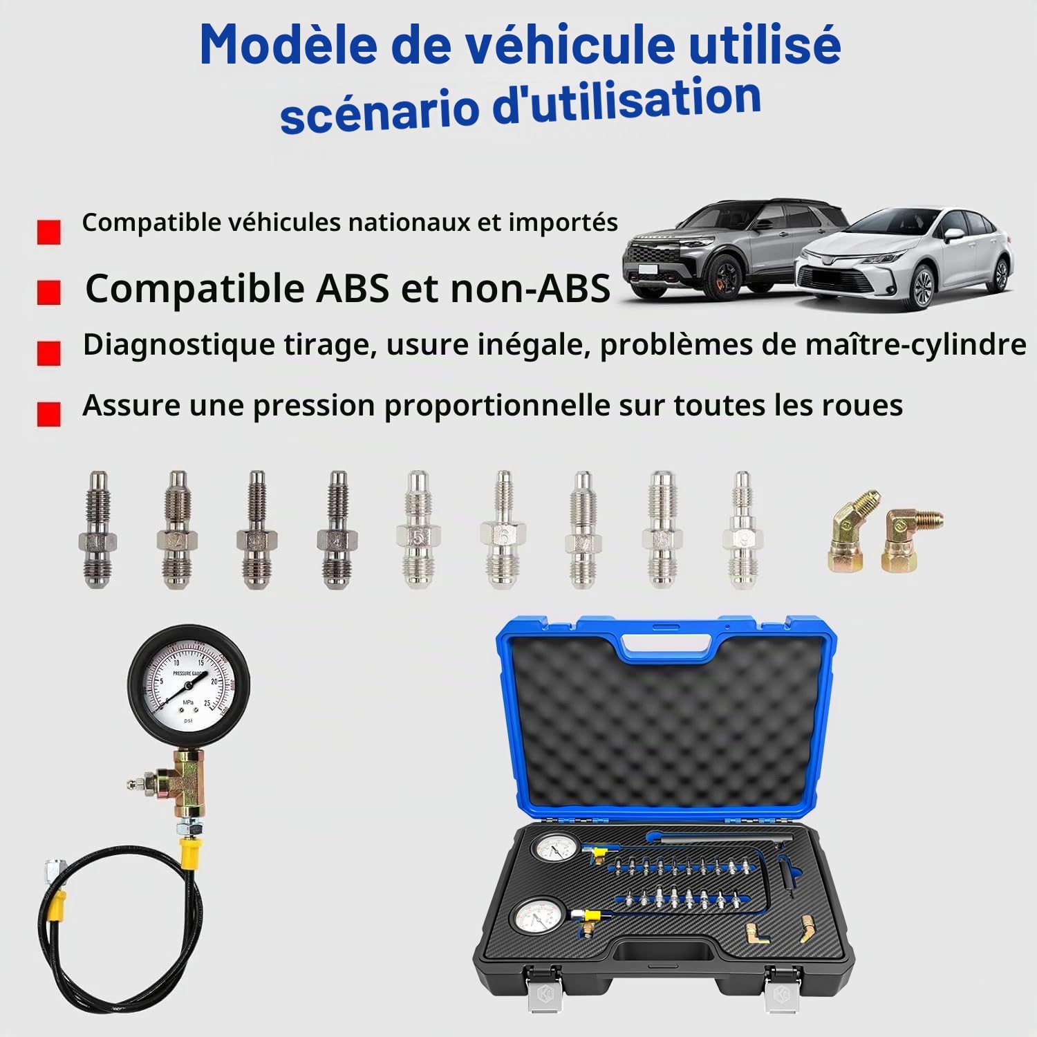 Testeur de pression de frein, manomètre de frein universel, 0-3500 psi, kit de jauge de pression d'huile hydraulique ABS, outil de diagnostic de système de freinage pour voiture à essence