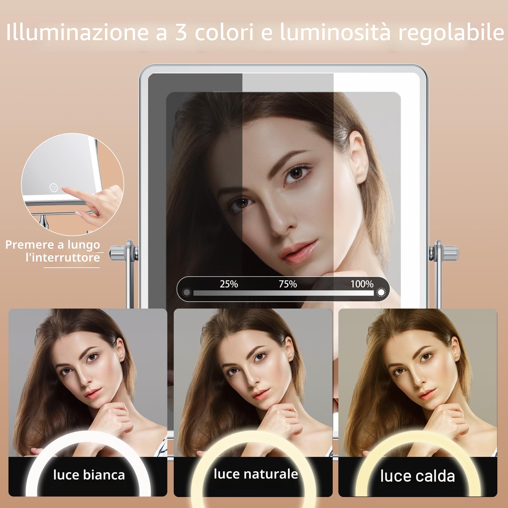 Famihomii Specchio cosmetico ricaricabile con illuminazione a LED, 4500mAh specchio da trucco con ingrandimento 1/30X e interruttore touch a batteria, specchio da barba regolabile a 360°