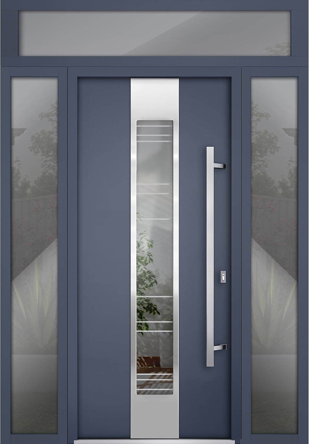 VDOMDOORS Front Exterior Prehung Steel Door/Deux 5755 Gray Graphite / 2 Side and Top Exterior Window/Stainless Inserts Single Modern Painted-W16+36+16" x H80+16"-Left-Hand Inswing