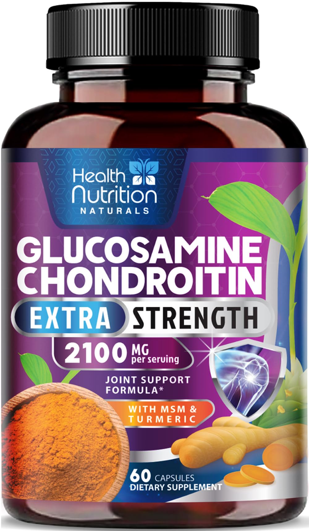Glucosamine Chondroitin MSM 2100mg - 3X Strength Joint Support Supplement with Turmeric, Glucosamine Sulfate, Boswellia - For Natural Flexibility, Cartilage, Mobility - Bottled in USA - 60 Capsules 60 Count (Pack of 1)
