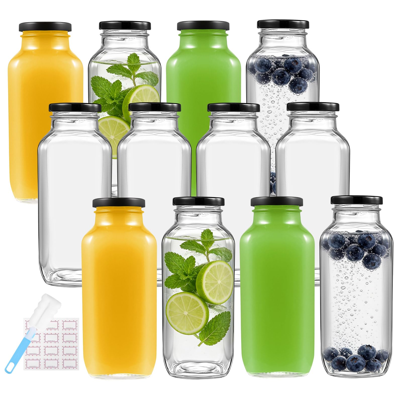 Glass Water Bottles 12pcs with Metal Lids, 500ml Glass Juice Bottles, Reusable Juicing Bottles for Smoothie, Milk, Homemade Beverages, Hot Cold Drinks, with Cleaning Brush & Sticker Labels โ image 1