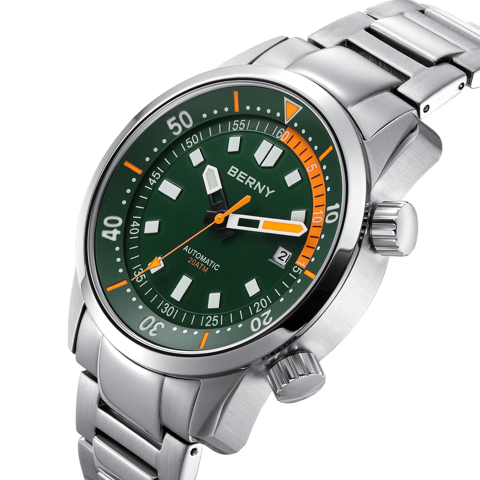 BERNY Automatische Uhr für Männer Taucheruhr 20ATM Mechanische Armbanduhr Saphirglas Bequeme Edelstahl Uhrenarmband Super leuchtende Männeruhren
