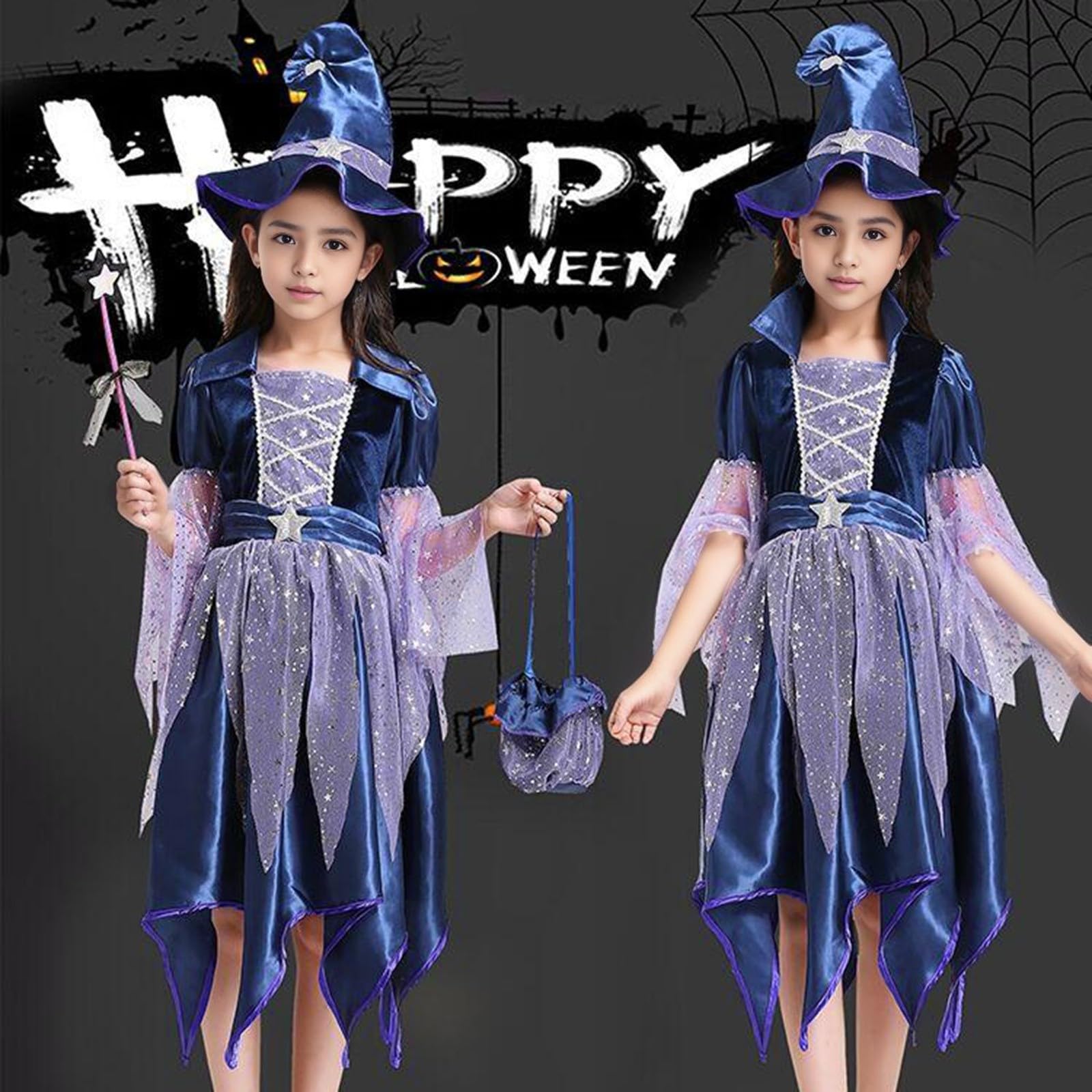 Costume da strega per bambina, vestito da strega per Halloween, con cappello da strega, bacchetta magica e borsa, set da 4/5 pezzi con stella glitterata in tulle morbido, a maniche lunghe, per