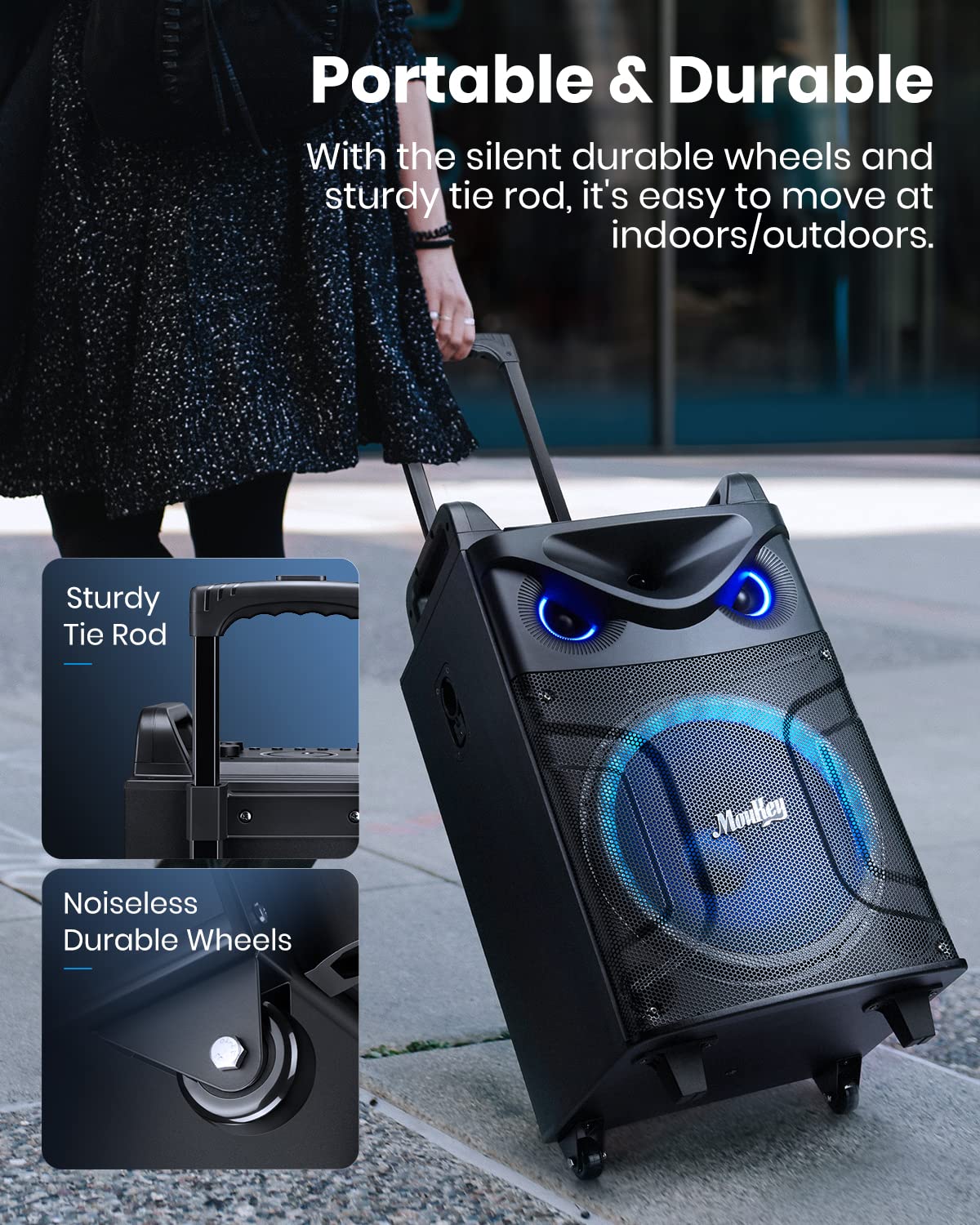 Moukey Casse Karaoke con 2 Microfoni wireless, Altoparlante portatile Bluetooth con Luci per feste, Regolazione di eco/alti/bassi, Woofer da 12 pollici Sistema PA Supporto TWS/REC/AUX IN/MP3/USB/TF/FM