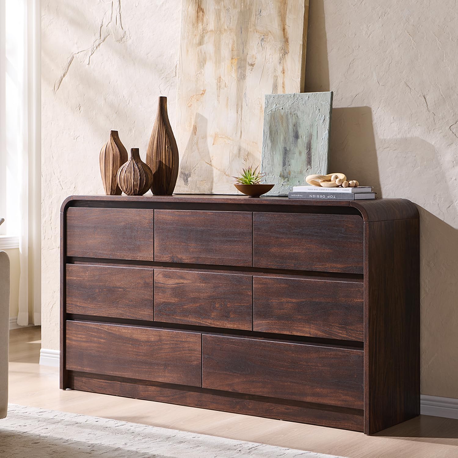 Amazon.com: Aitjunz Modern 8 Drawers Dresser for Bedroom, 55" Wide Dressers  & Chest of Drawers w/Curved Profile Design, Wood Mid Century Storage  Dressers Organizer for Bedroom, Living Room, Brown : Home &