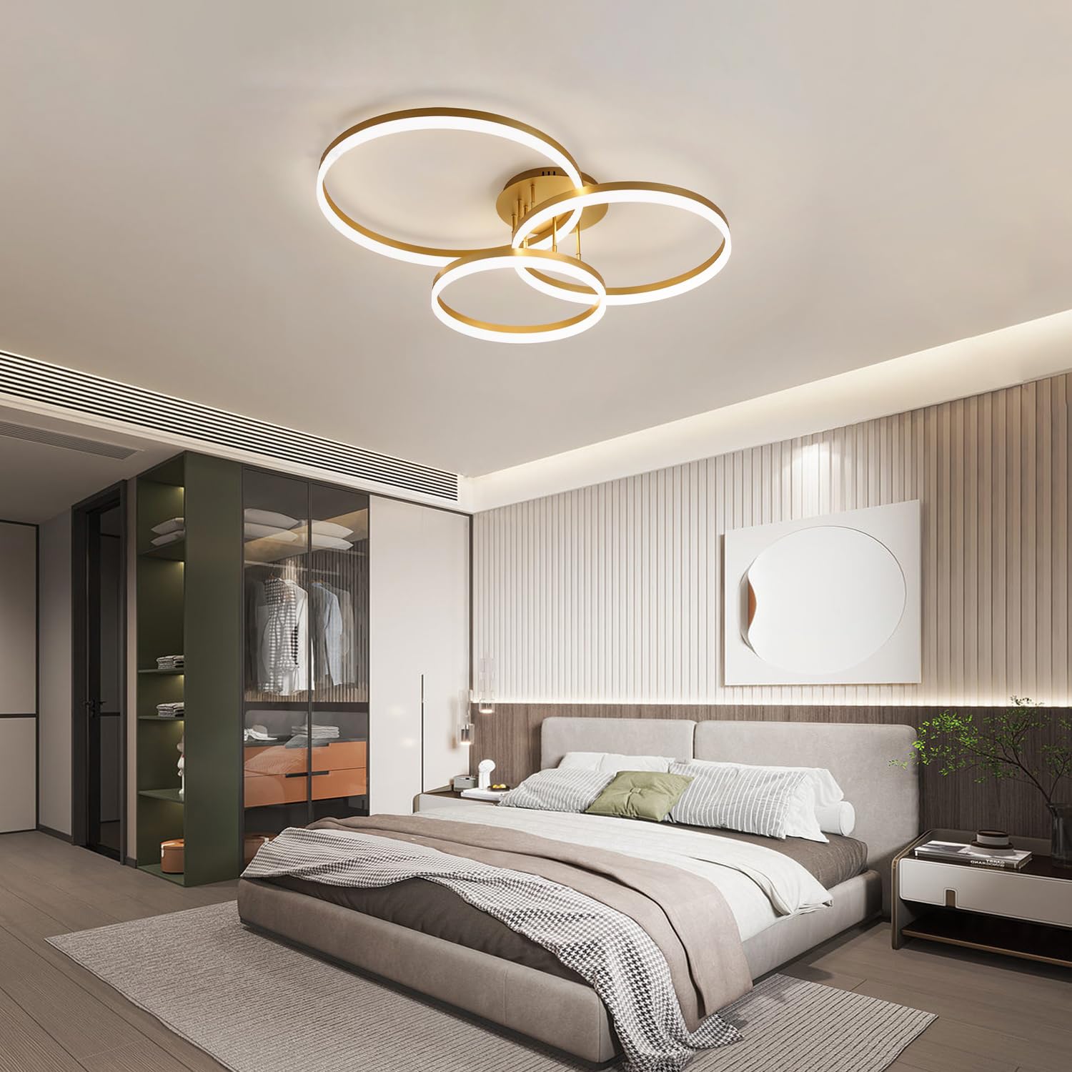 Moderner Led Deckenleuchte Dimmbar Wohnzimmerlampe Verstellbare Runde Deckenlampe mit Fernbedienung 75W 3-Ring Schlafzimmer Decke Licht Bürobeleuchtung für Küche Esszimmer (Gold, L80cm)
