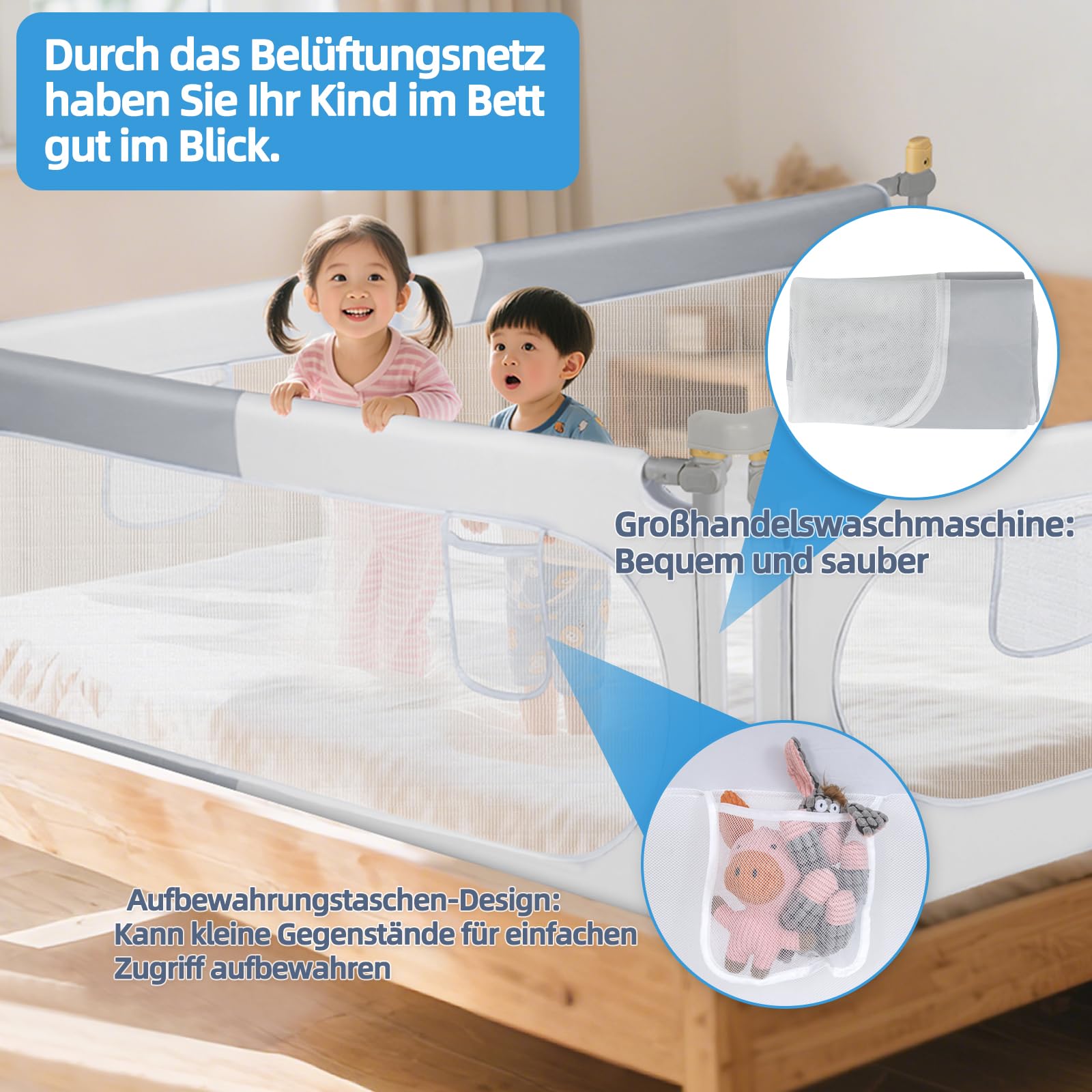 OUUTMEE Griglia di protezione per letto, 200 cm, pieghevole, protezione da caduta, 30 posizioni, regolabile in altezza, motivo a blocchi di colore grigio e bianco
