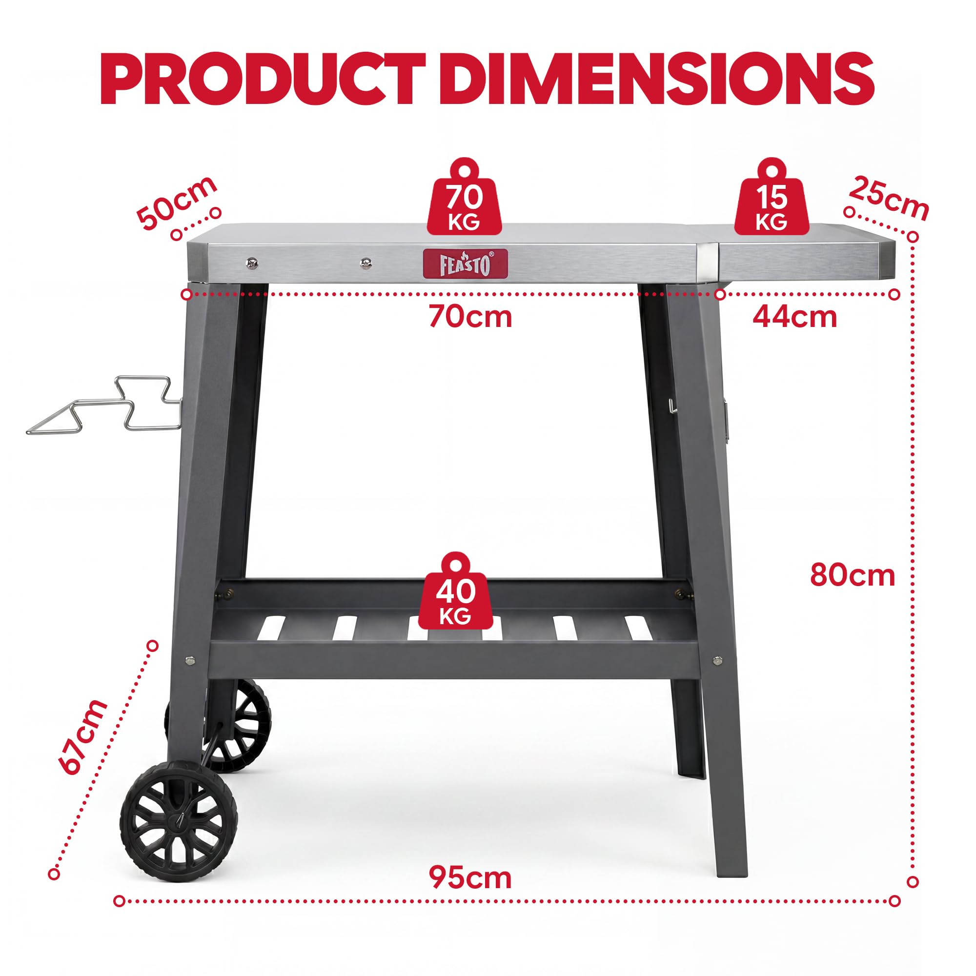 Feasto Grillwagen mit Klappbarem Beistelltisch, 95x67x80cm, grau