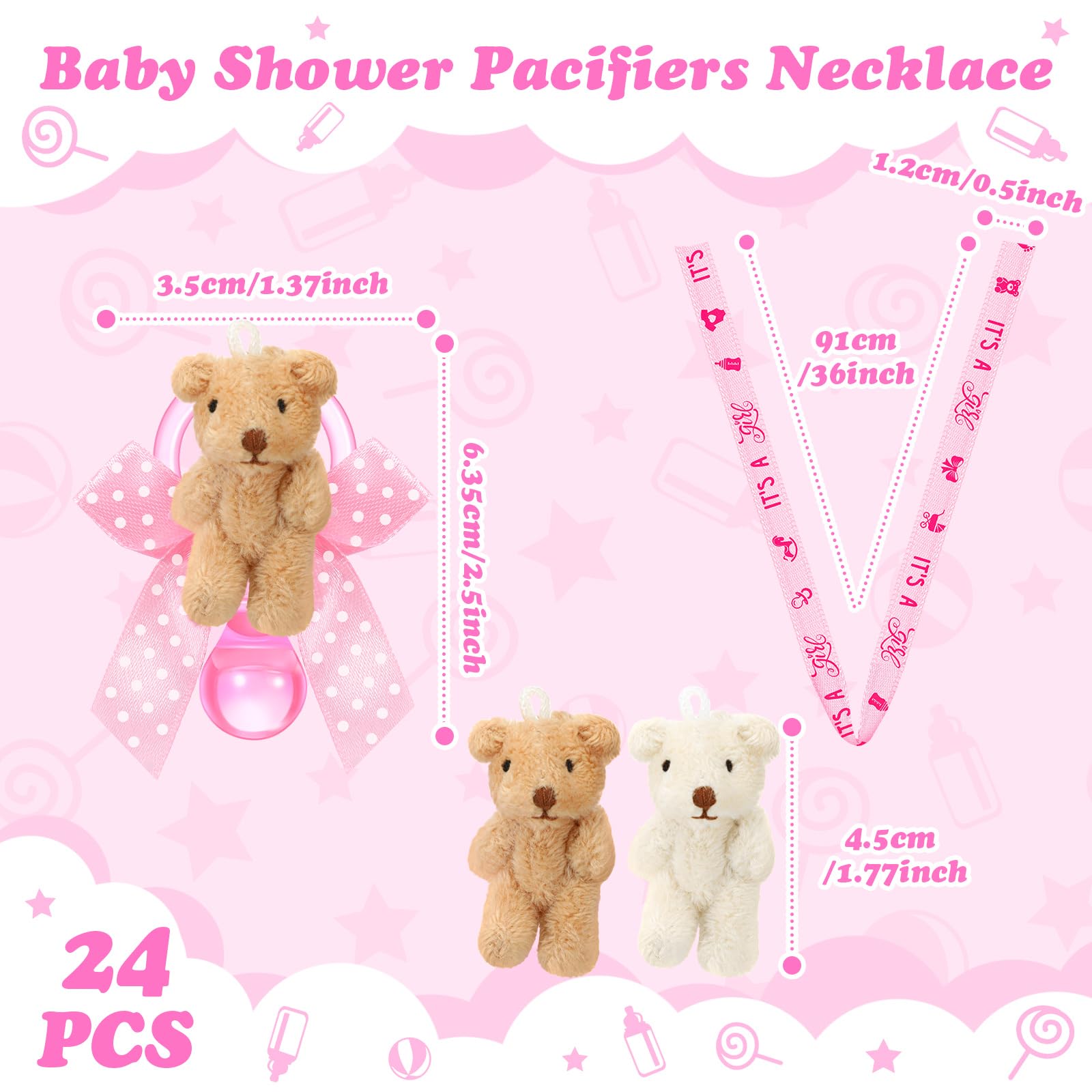 Remuuly 24 Pcs Baby Shower Pacifier Necklaces Cute Plush Bear Acrylic Baby Pacifier Party Favors Bear Pacifier Charms Necklace for Baby Shower Party Decoration Table Pieces (Pink)
