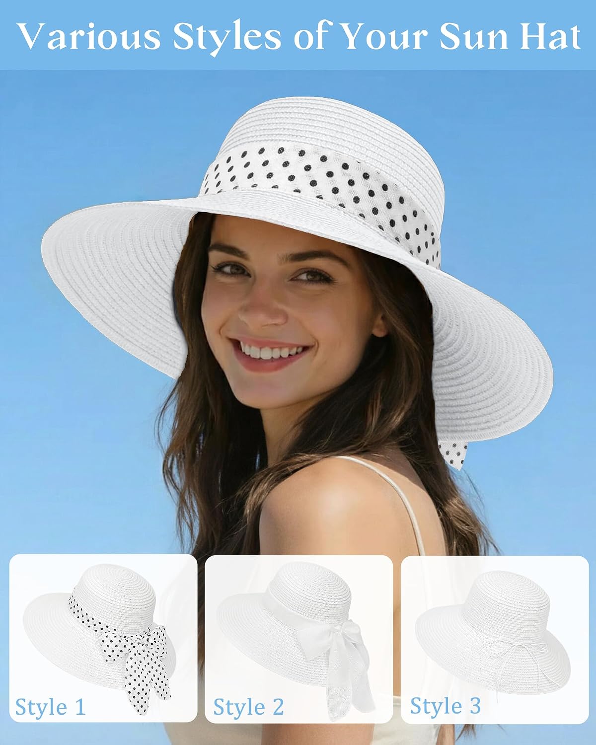 Senker Fashion Sun Hats for Women UV Protection, Wide Brim Beach Straw Derby Hat Packable Floppy for Summer Vacation UPF 50+