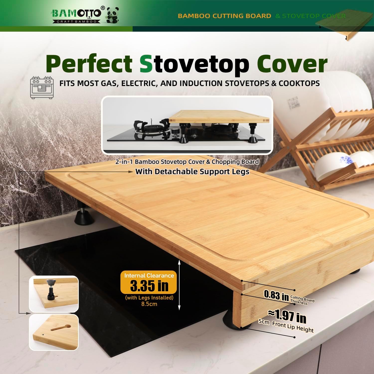 BAMOTTO CRAFTBAMBOO 16 x 22 Inch Bamboo Cutting Board, Over-the-Sink Board and Stovetop Cover with Detachable Support Legs & Front Lip, for RV Camper and Home Kitchen