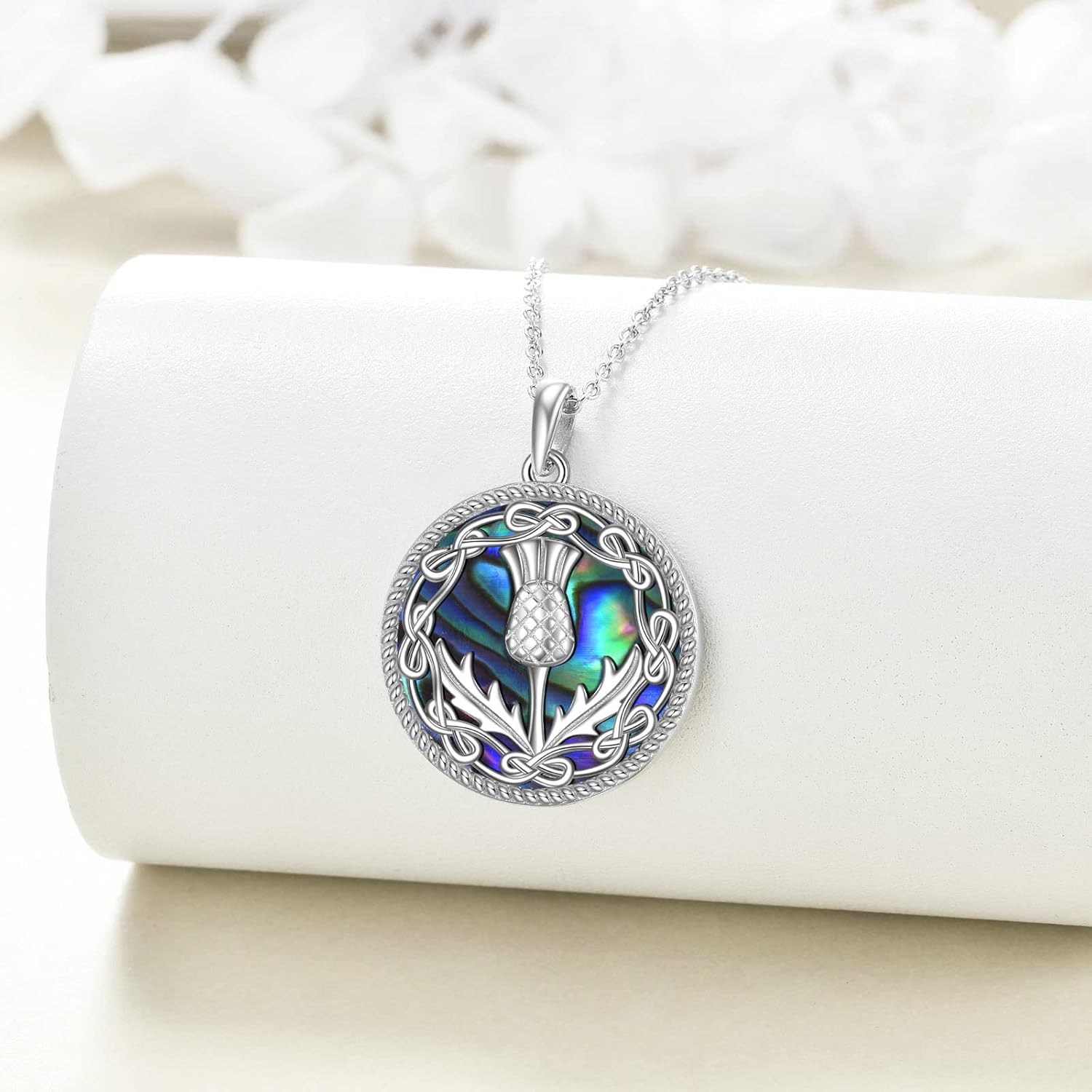 Scottish Thistle Necklace 925 Sterling Silver Abalone Shell Celtic Knot Scotland Flower Pendant Necklaces Love Jewelry Valentine's Day Gifts for Women - Image 2