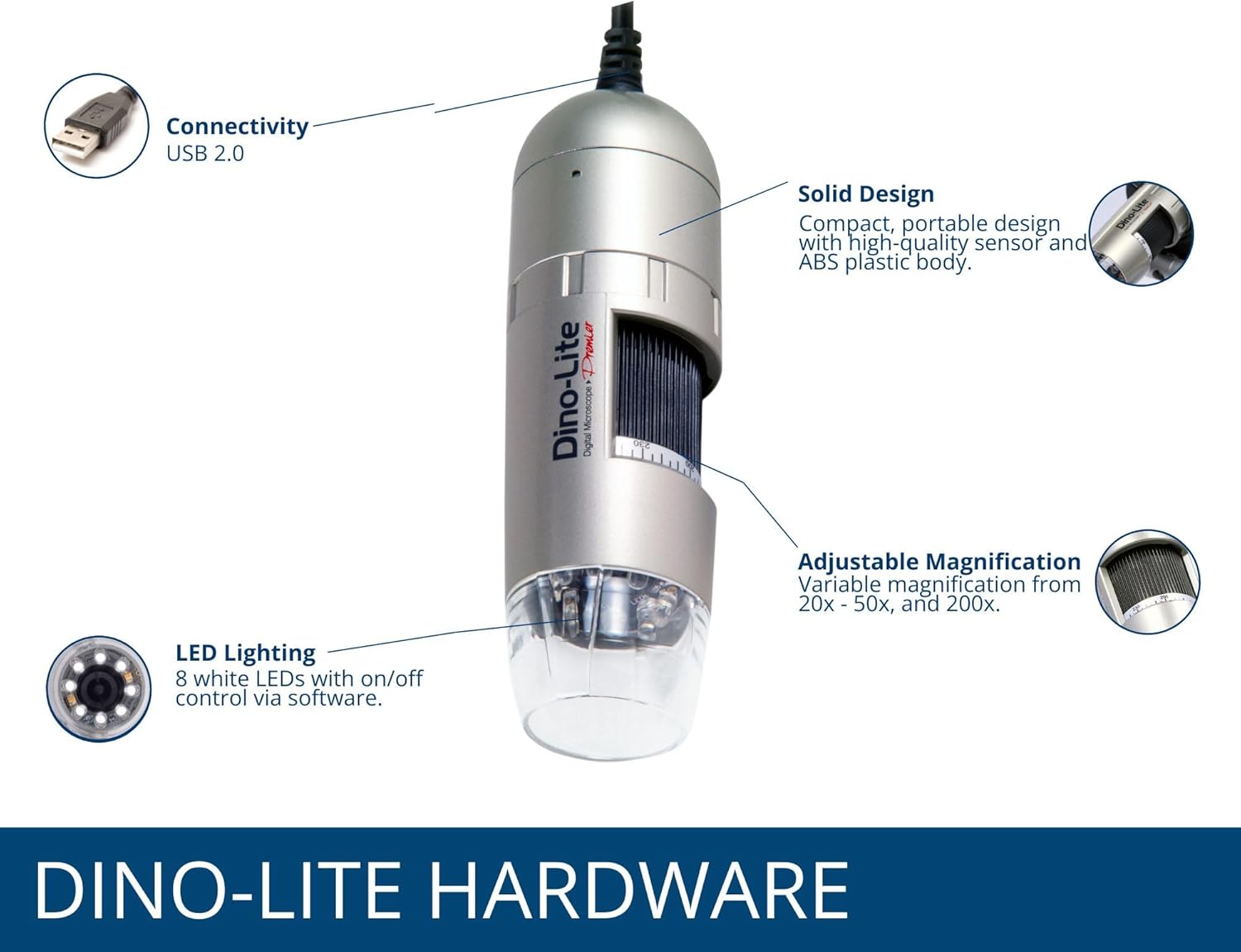 Dino-Lite USB Digital Microscope AM3111-0.3MP, 20x - 50x, 200x Optical Magnification, 8 LEDs, Windows/Mac Software Included