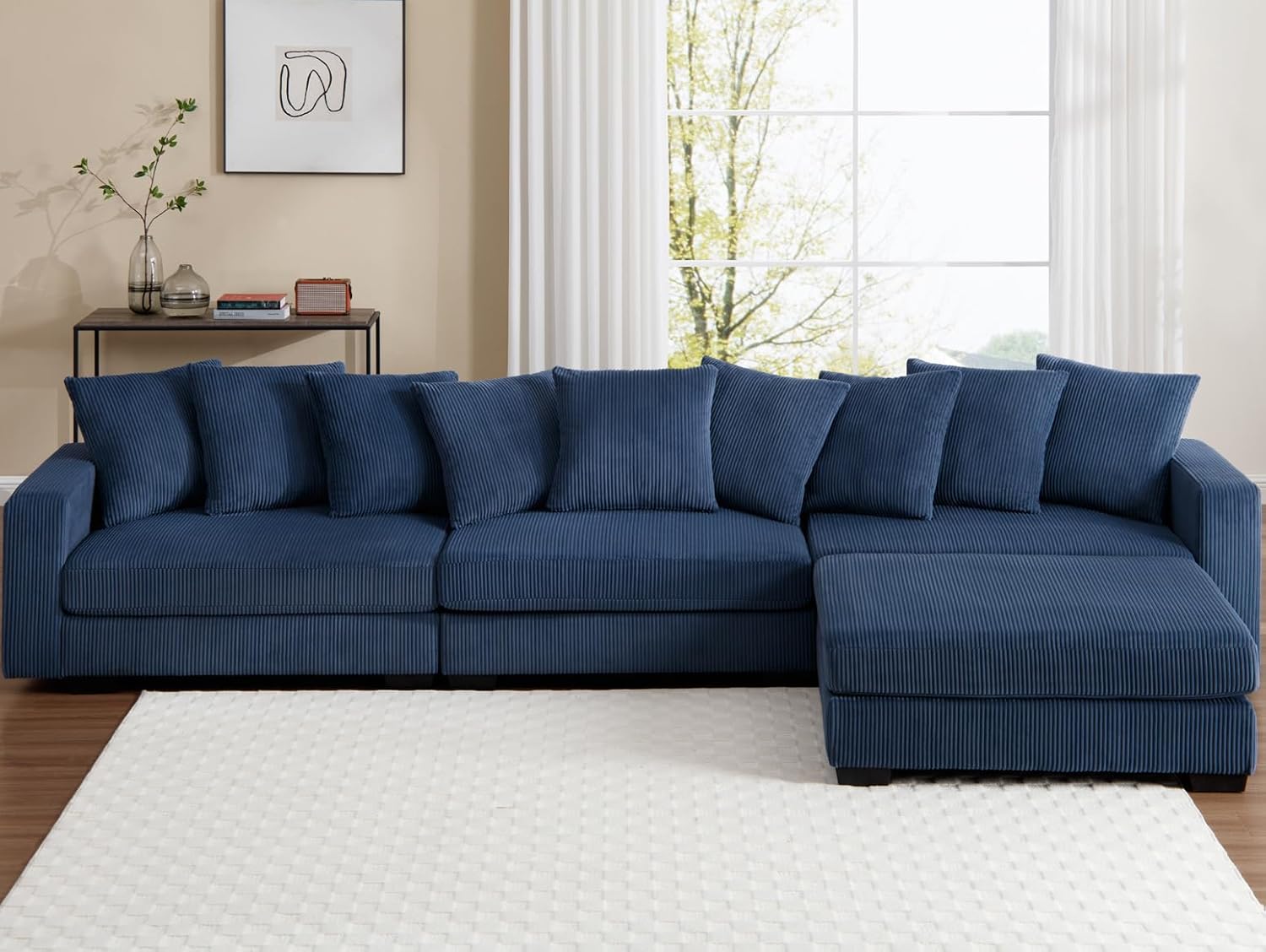asunflower 144 Inch Modular Sectional Couch with Ottoman for Living Room 4-5 Seater Oversized Corduroy L Shaped Couch with Deep Seats and Wider Armrest Comfy Home Sofas with Pillows,Navy Blue
