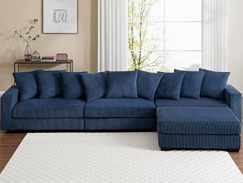 asunflower 144 Inch Modular Sectional Couch with Ottoman for Living Room 4-5 Seater Oversized Corduroy L Shaped Couch with Deep Seats and Wider Armrest Comfy Home Sofas with Pillows,Navy Blue