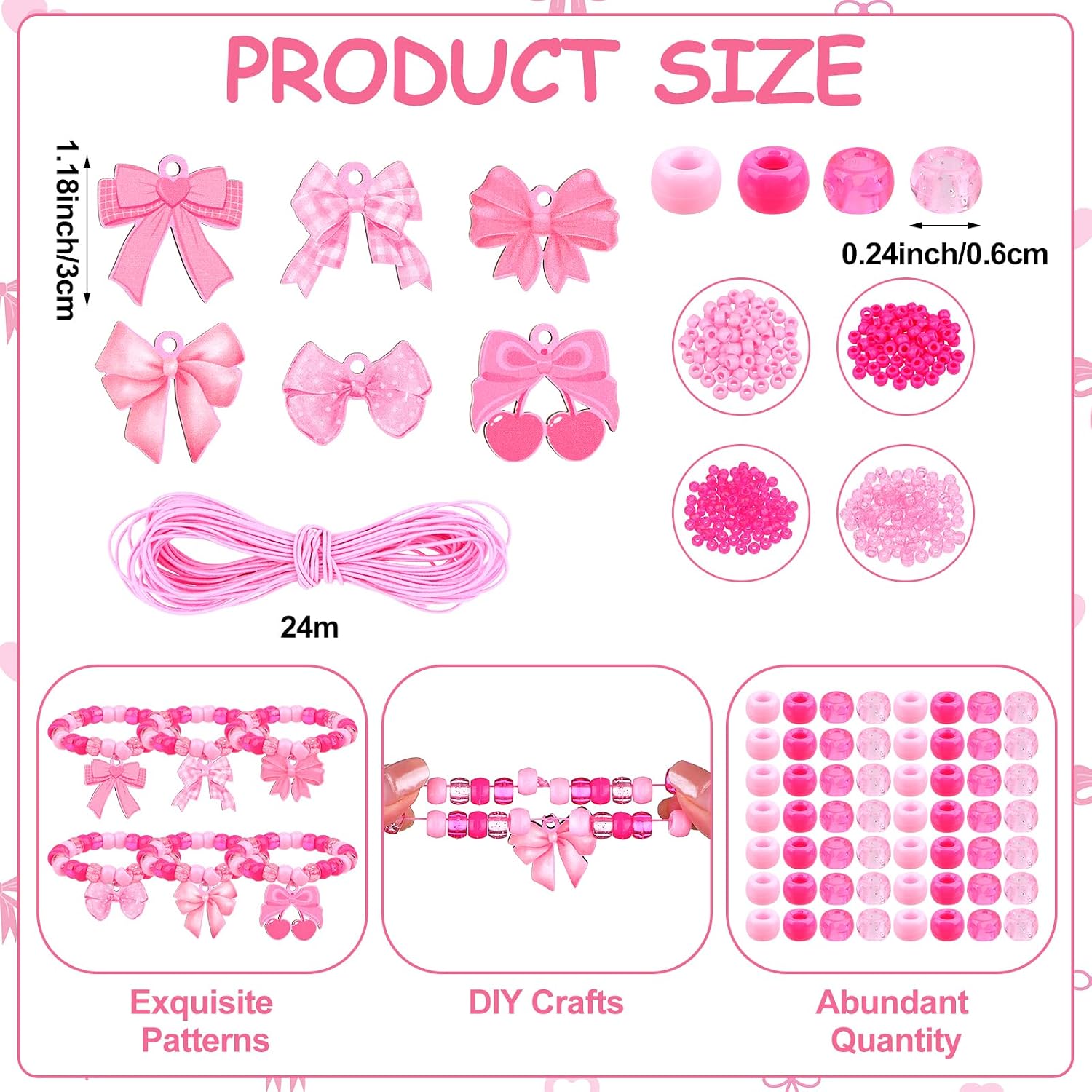 DIY Coquette Bow Bracelet Kit Including Wooden Bowknot Hanging Ornaments 750Pcs Acrylic Pink White Beads in 4 Colors One Roll of Bright Elastic Cord For Necklace Keychains Craft Project image 2