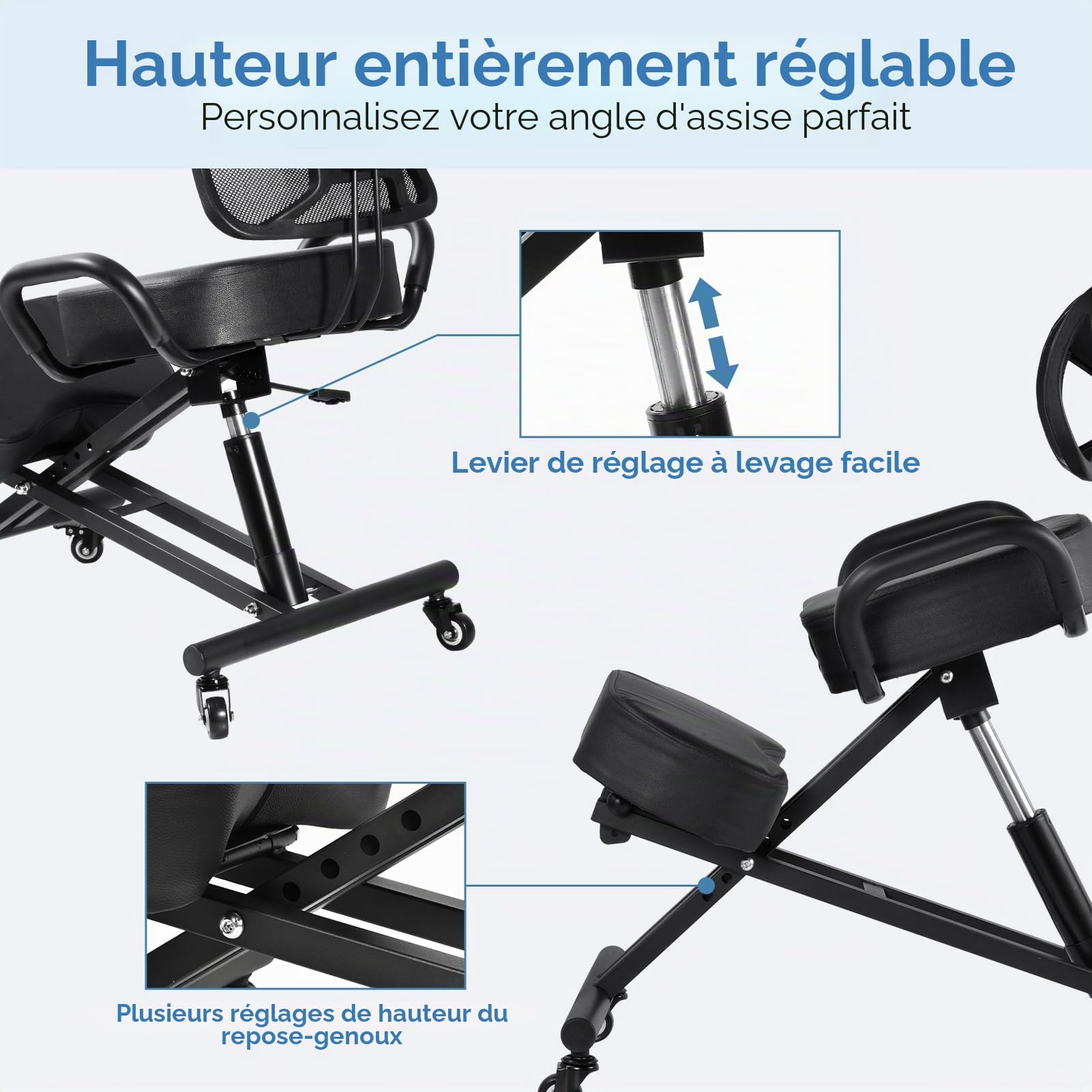 Chaise genoux ergonomique avec dossier | Hauteur réglable de 57 à 67 cm et rembourrage en maille respirante | Repose-jambes 4 positions et siège stable jusqu'à 100 kg Tabouret pour bureau, dessin et