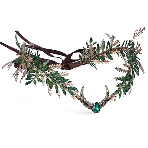 MOSTORY Elf Flower Crown Headband - Handmade Floral Headpiece Fairy Crown for Women Renaissance Cosplay Photo Shoot - Gold Emerald