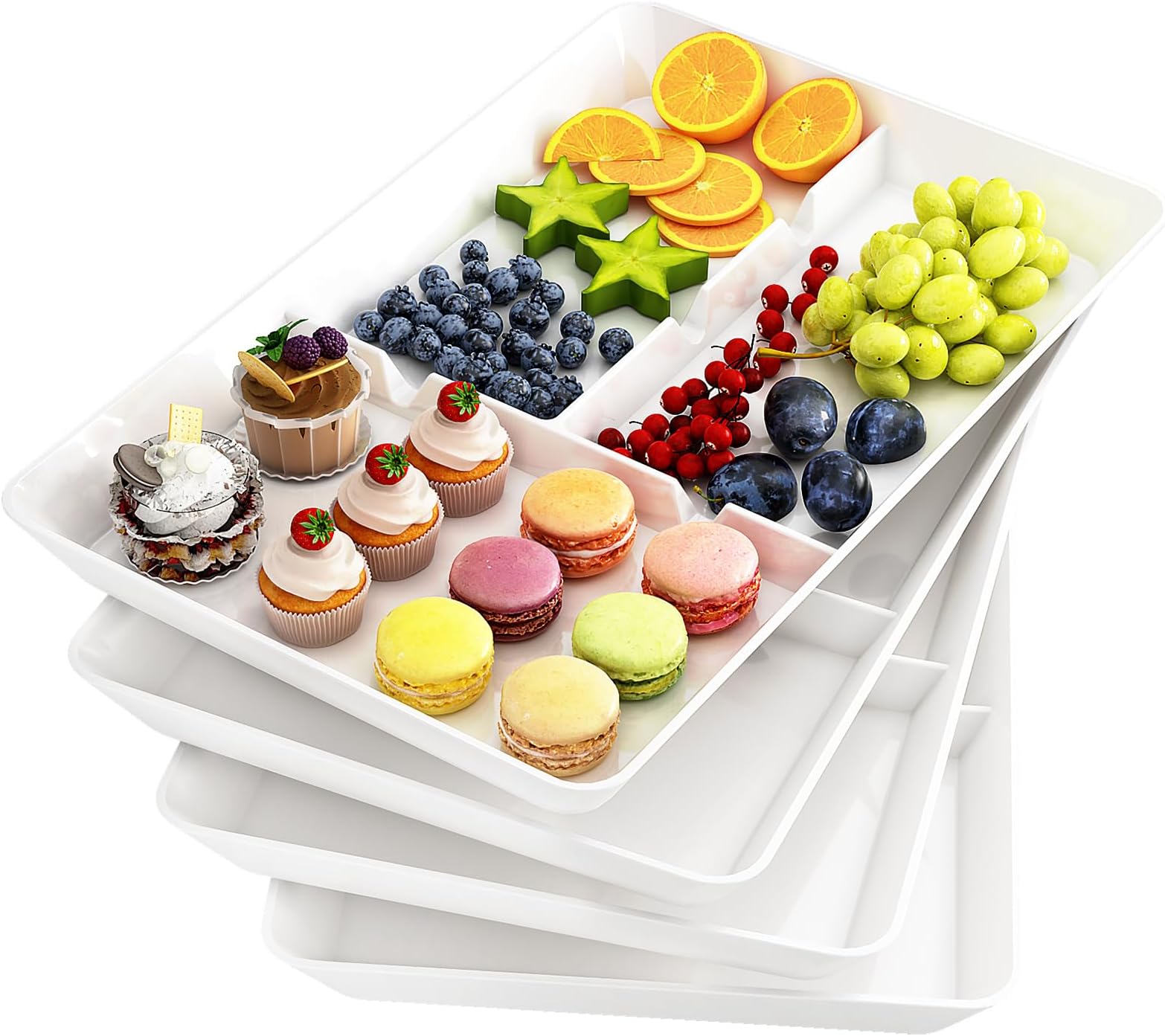 4 Pack Serving Tray Plastic, Compartment Serving Platters, BPA free, Dinner/Fruit/Snack Food Tray for Kichen, Bar, Buffets, Party, Thanks Giving Day, Christmas