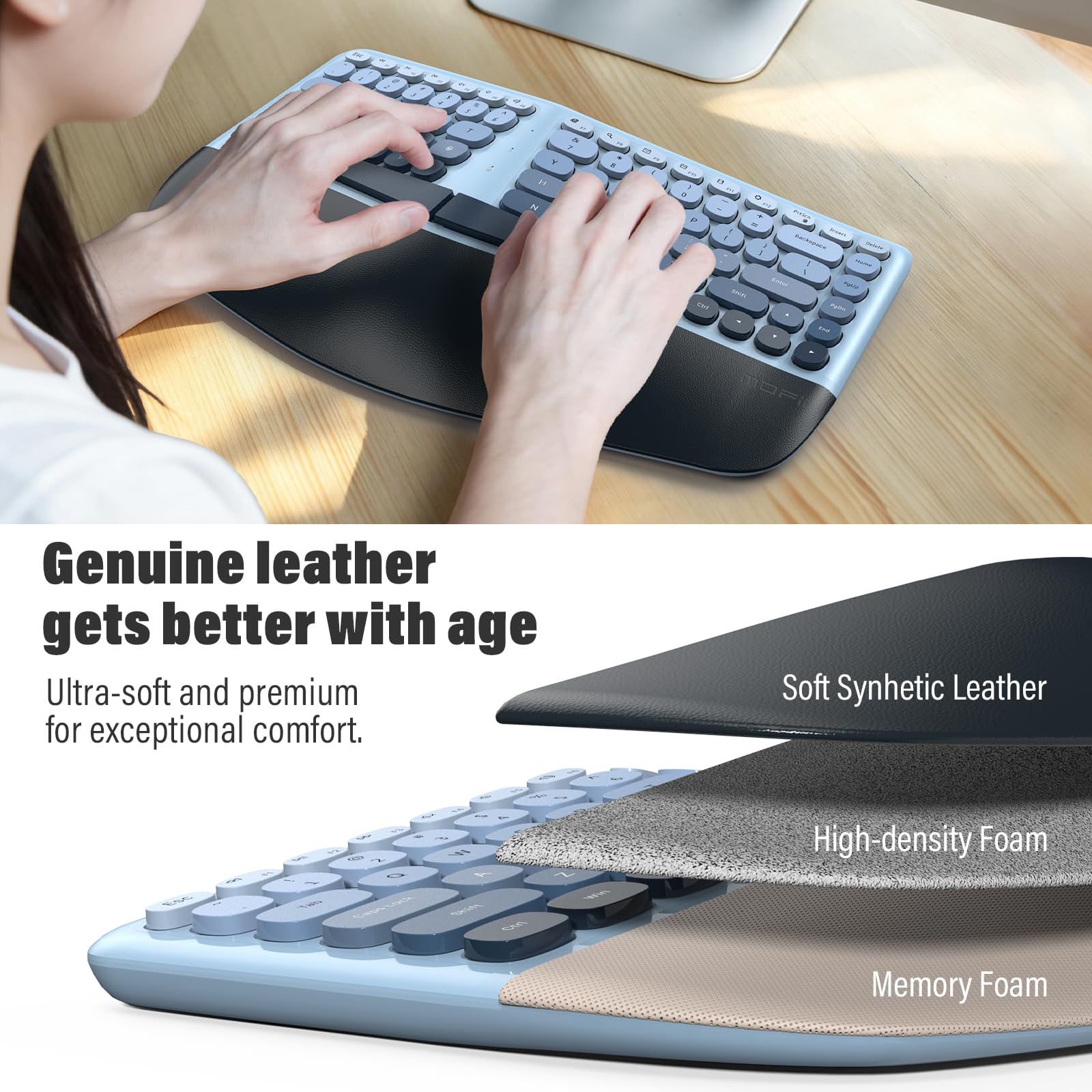 MOFII Tastiera ergonomica wireless e mouse combinata, tastiera curva divisa con poggiapolsi, mouse verticale, 2,4 G, per PC, laptop, desktop, Mac, blu sfumato colorato