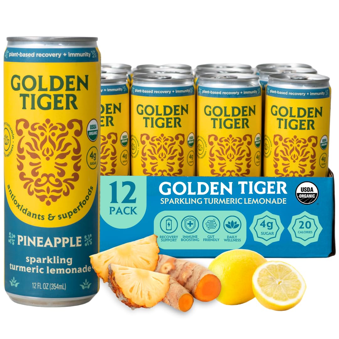 Golden Tiger Turmeric Sparkling Lemonade, Pineapple – Curcumin & Ginger for Inflammation – Organic Wellness Drink with Superfoods & Antioxidants for Recovery, Immunity, Gut Health - 4g Sugar, 20 Calories (12-pack)