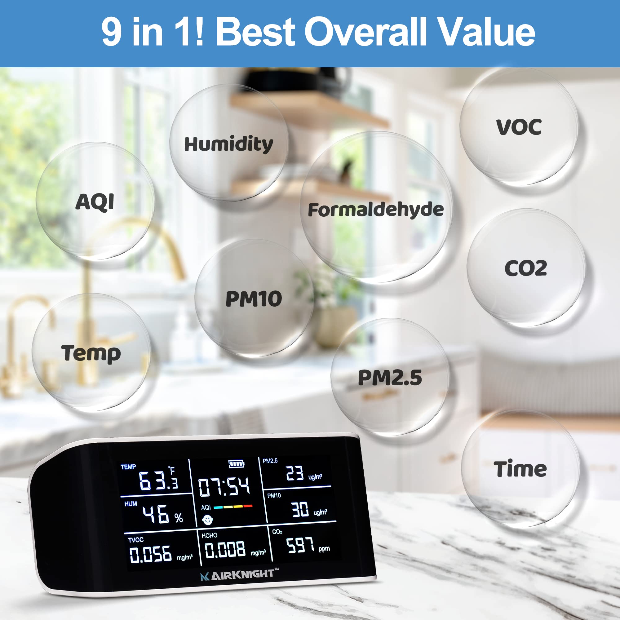 AirKnight Premium Indoor Air Quality Monitor Indoor & Air Quality Sensor. VOC Detector, CO2 Monitor, Formaldehyde Detector HCHO, AQI, PM2.5, PM10 Temperature Humidity Air AQI CO2 Meter — Amazon image 3