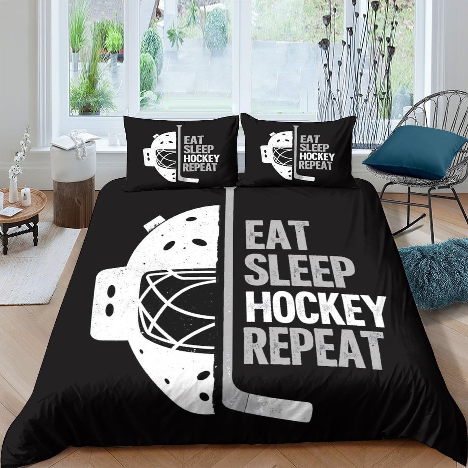 Ctjqhvkz Style-3 3D Printed Hockey Mask Fitted Sheet Microfiber Black Eat Sleep Hockey Repeat Mattress Cover For Bedroom Dorm Decor Single（135X200cm）
