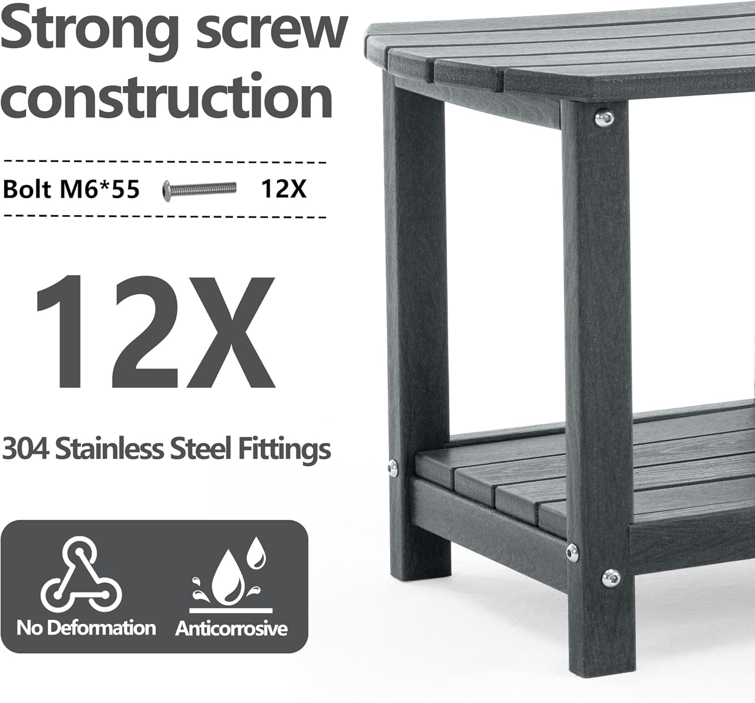 Adirondack Small Outdoor Side Table - Weatherproof HDPE Patio End Table with 2-Tier Storage for Firepit, Balcony, Garden, Poolside or Bathroom (Grey, Set of 1)