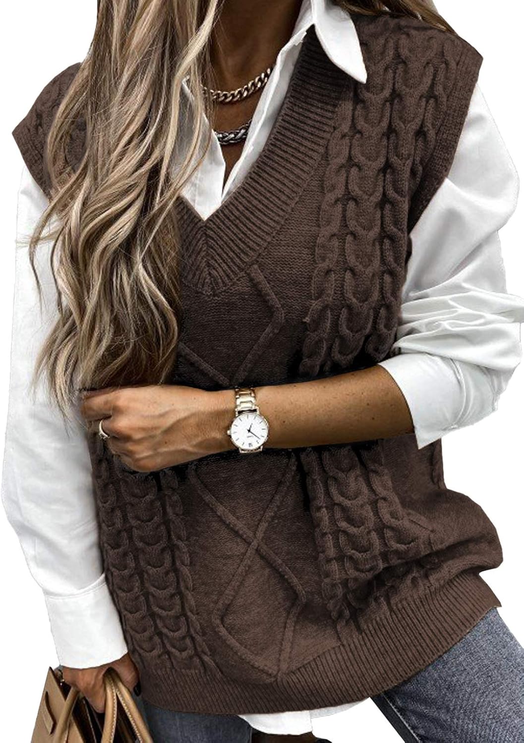 EVALESS Oversized Sweater Vest for Women V Neck Sleeveless Solid Color Loose Pullover Sweater