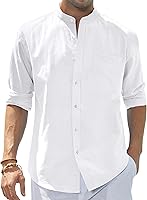 J.VER Men's Cotton Linen Long Sleeve Banded Collar Shirt Casual Button Down Beach Summer Top with Pocket
