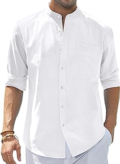Men's Cotton Linen Long Sleeve Shirts Casual Button Down Banded Collar Shirt Beach Summer Tops with Pocket - Buy now
