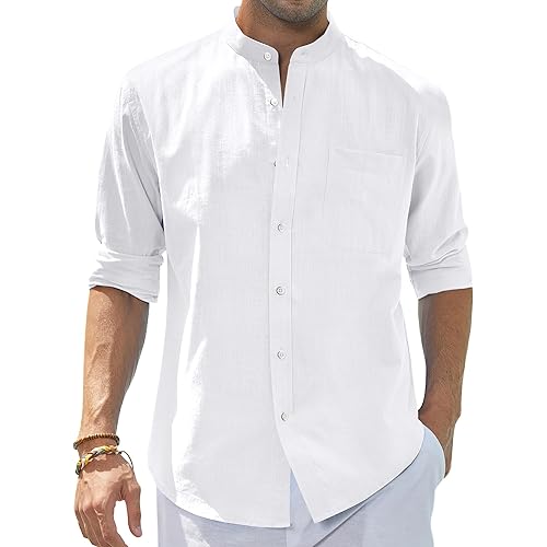 J.VER Men's Cotton Linen Long Sleeve Shirts Casual Button Down Banded Collar Shirt Beach Summer Tops with Pocket