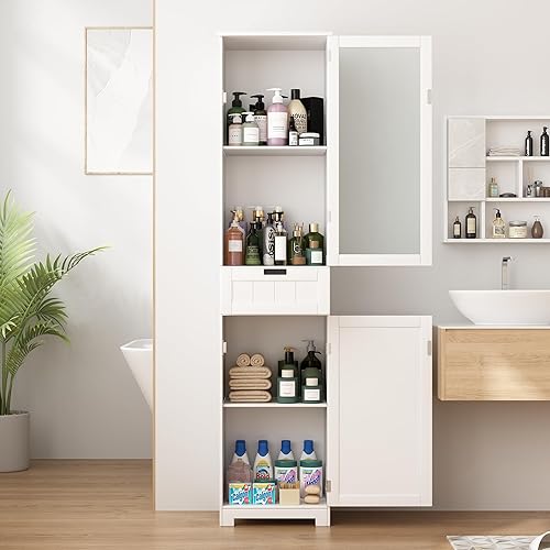 Miniatura 2 de 1 gabinete de almacenamiento alto para baño con 2 puertas y 1 cajón, estantes ajustables. Armario de lino estrecho independiente para espacios