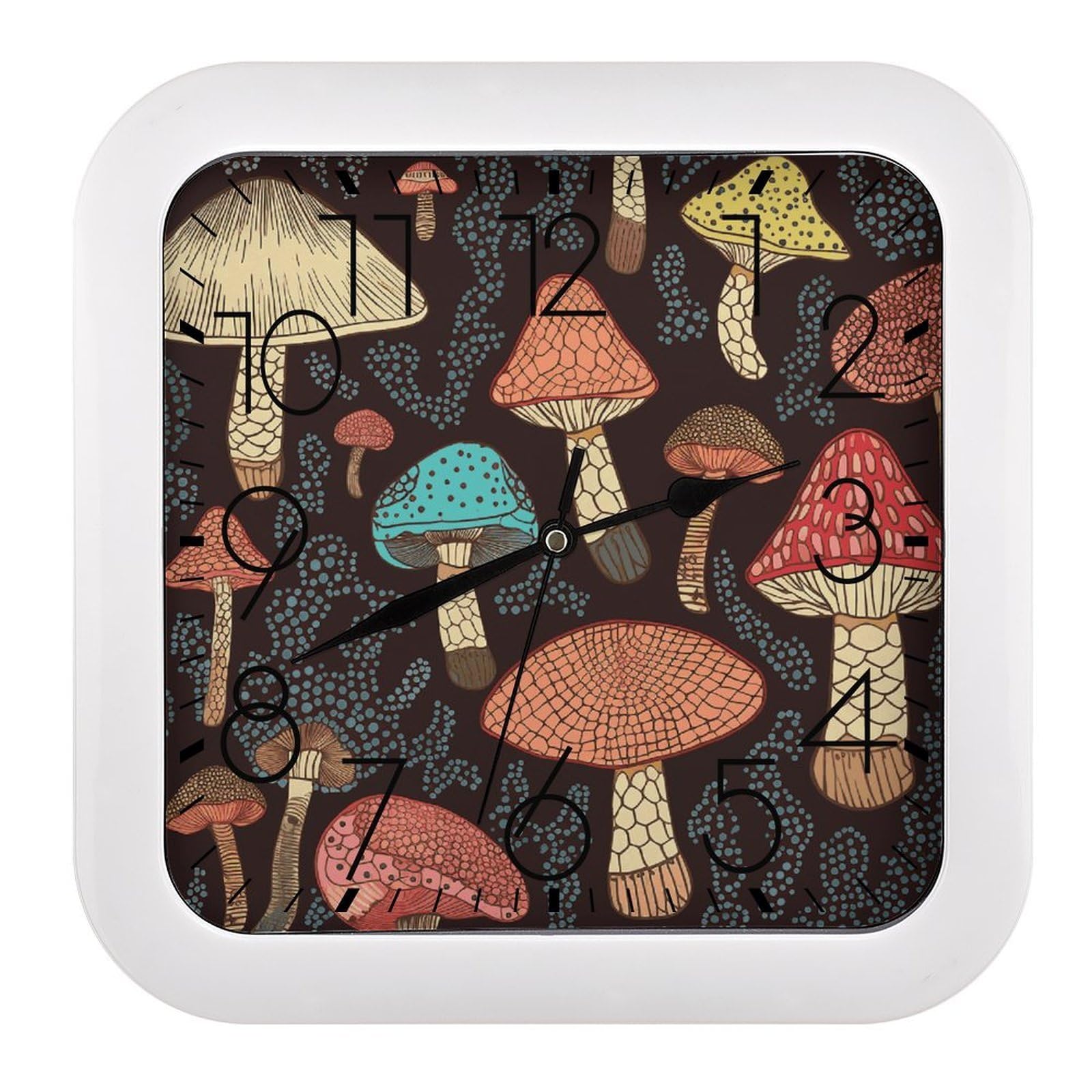LDGSUPH Mushroom Wall Clock Silent Non-Ticking Modern Clock Personalized Vintage Square Clocks for Travel Office Kitchen Home Decorative Clocks 10.2 Inch