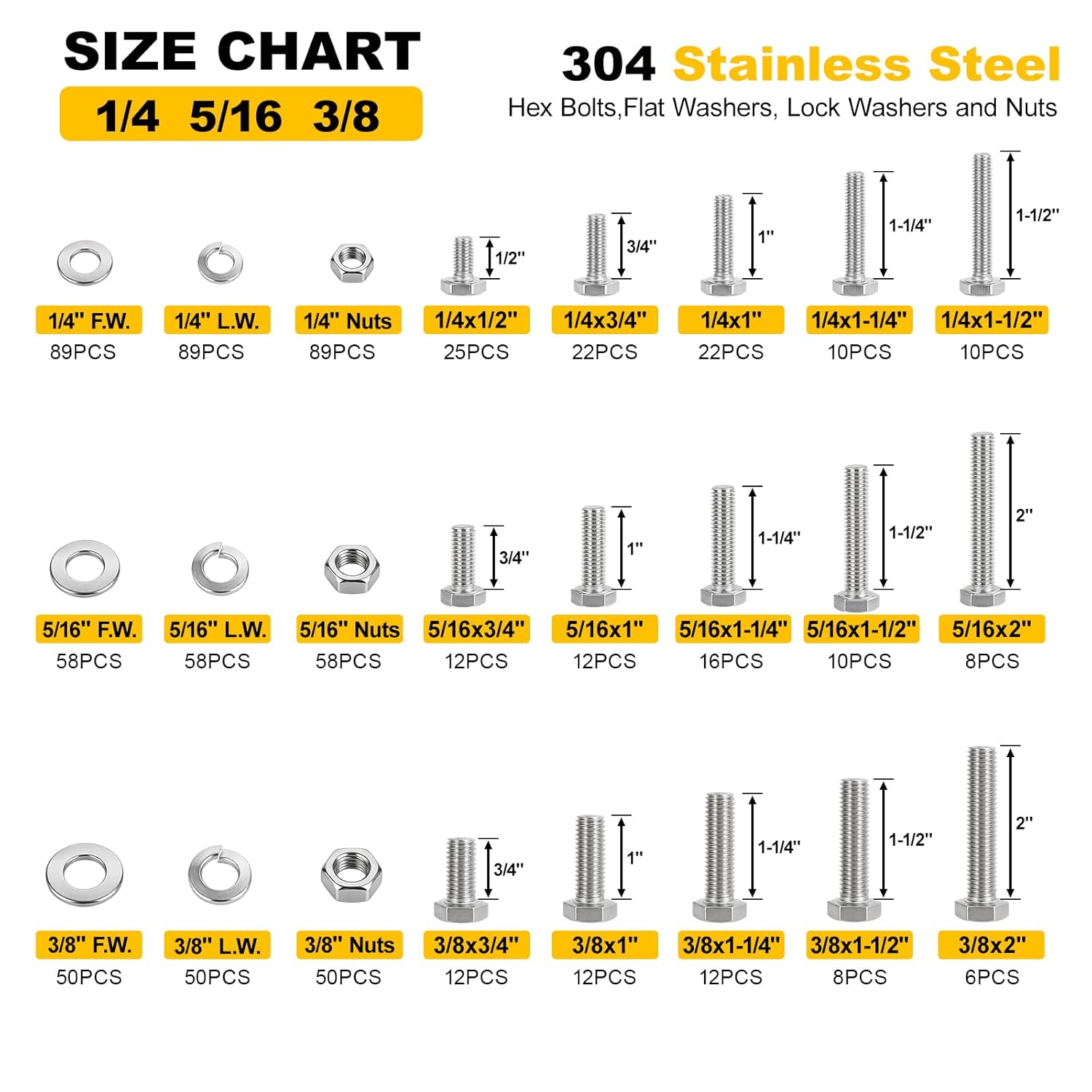 788PCS 18-8(304) Stailess Steel Hex Bolt Assortment Kit, Heavy Duty Bolts and Nuts Kit, 1/4-20 5/16-18 3/8-16 SAE Hex Cap Screws Nuts Washers, Comes with 3 Bits Plated
