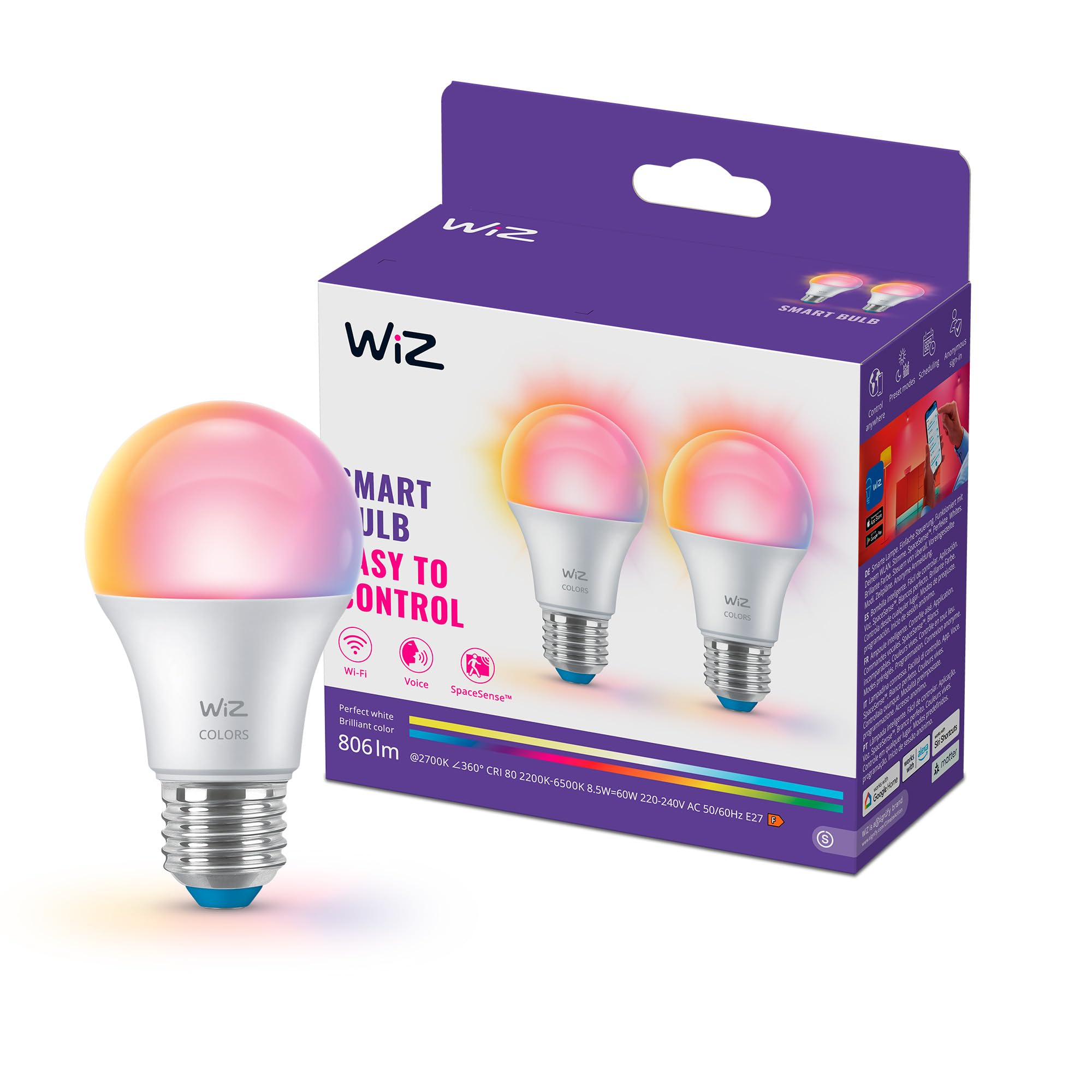 WiZ Smart LED A60 Bulb, Full Color and Tunable White, E27 Base, 60W Equivalent, 2200-6500K, 806 Lumens, Dimmable, Works with Alexa, Google Assistant, and Apple Home, 2 Pack