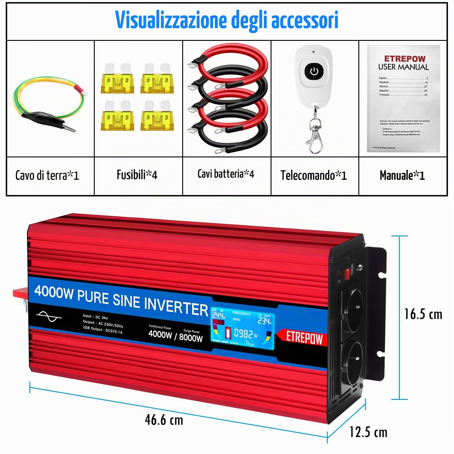 4000W Inverter 24v 220v Onda Sinusoidale Pura | Trasformatore con 2 Prese EU e una USB, Telecomando Senza Fili e Display LCD - Picco 8000W