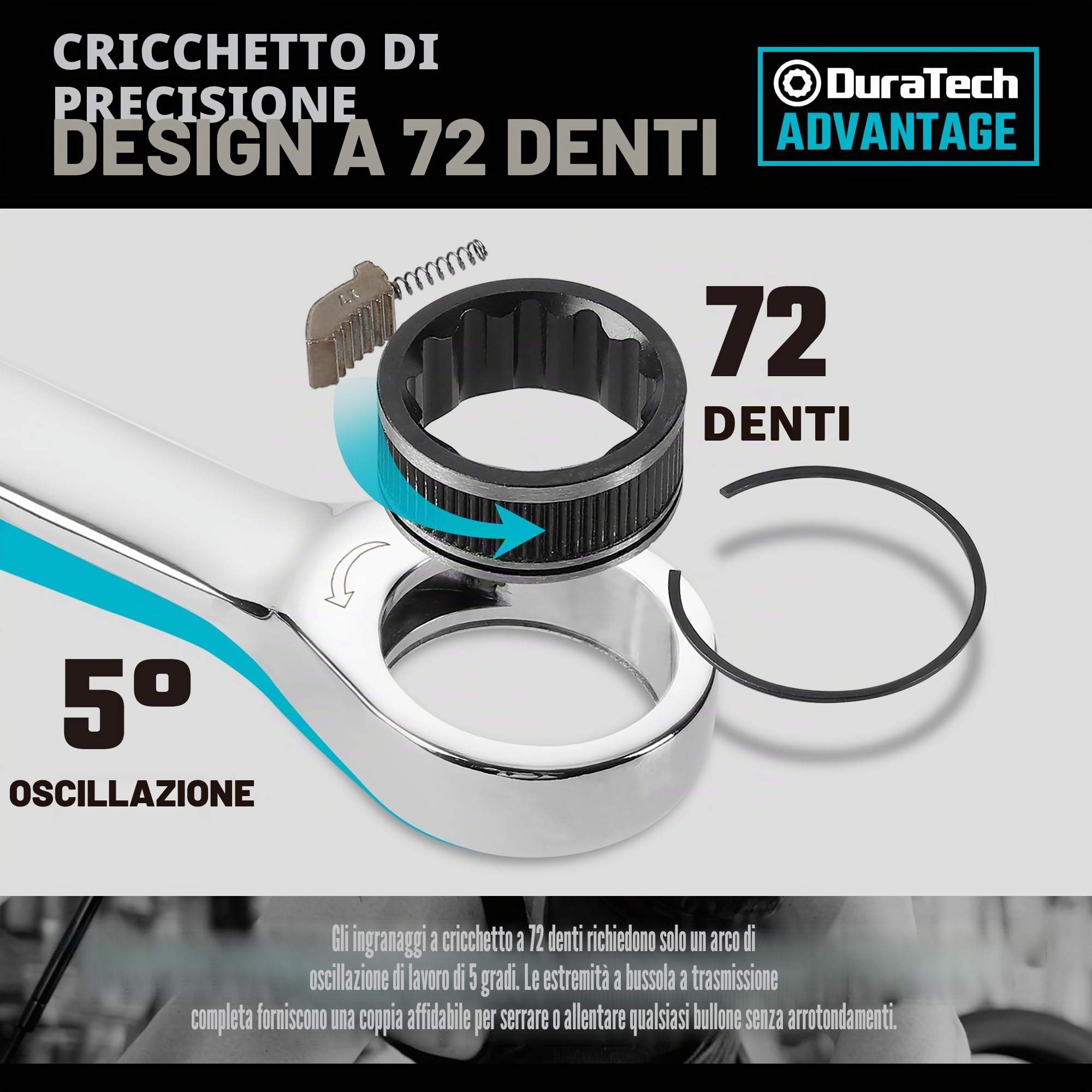 DURATECH Set di Chiavi a Cricchetto, Set di Chiavi Combinate a Testa Fissa, Metrica, 10 Pezzi, 8-19mm, in Acciaio Cr-V, Organizzato in Valigetta Per il Trasporto