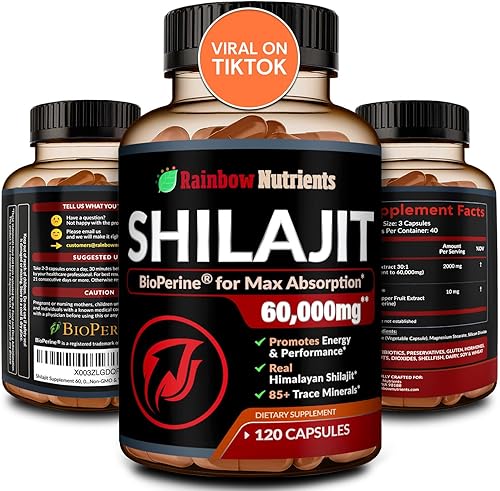 Suplemento puro de cápsulas de Shilajit del Himalaya (60,000 mg + potenciador de absorción + 50% ácido fúlvico) Shilajit natural 301 con más de 85