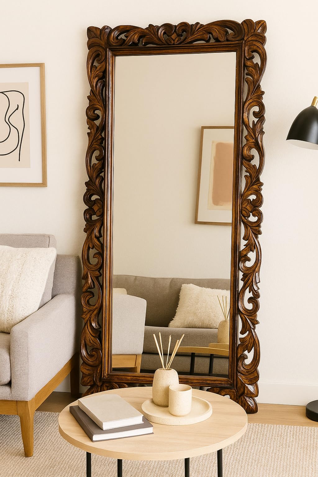 Vintage Full Length Floor Mirror with Ornate Carved Wood Frame, Brown, Standing or Wall Mount, Baroque Style || Without Mirror || 60x30 Inches ||-image-7