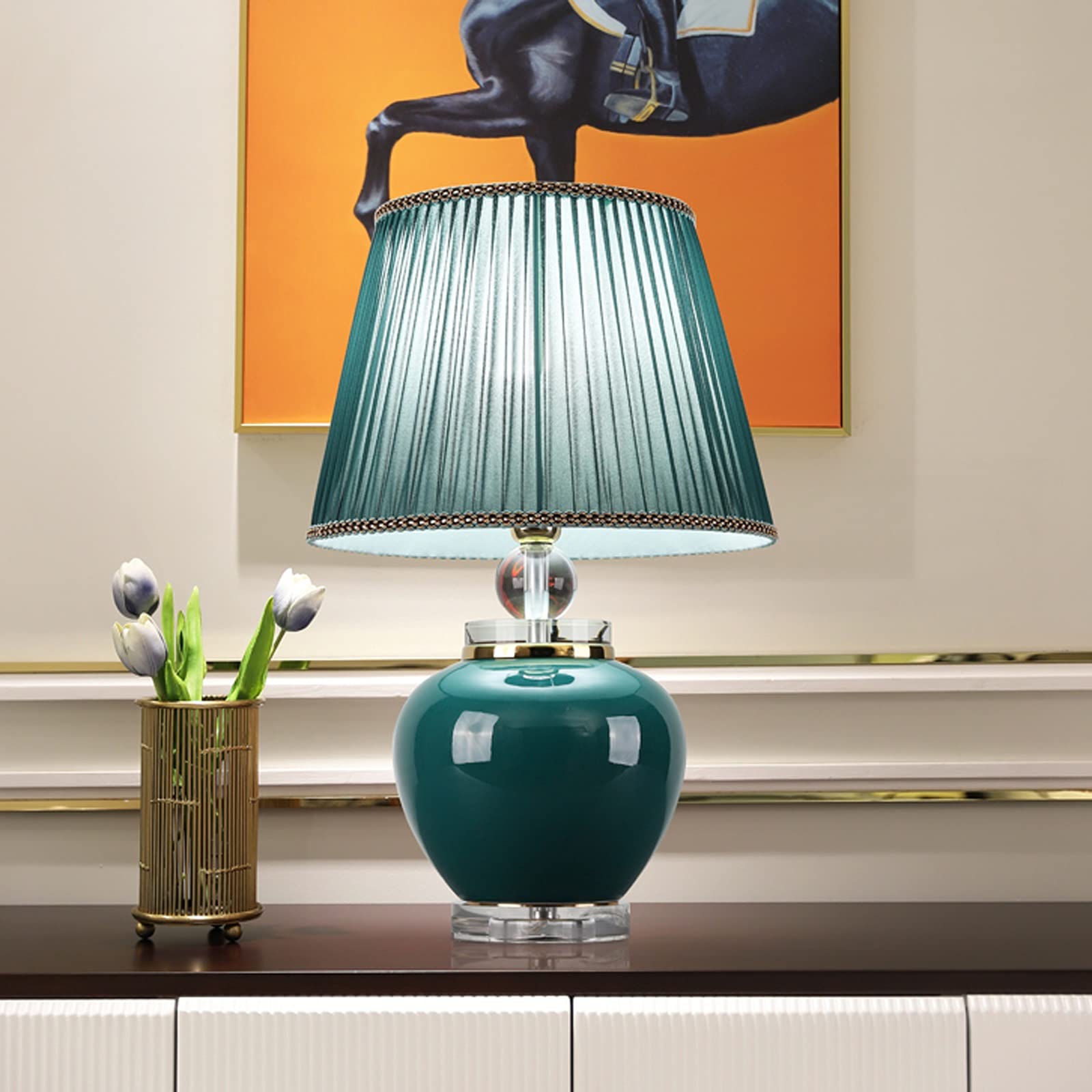XANAYXWJ Lampada da scrivania Lampada da Comodino in Ceramica Verde retrò con Paralume in Tessuto Lampade da Tavolo da Comodino Concise per Lampada da Studio per Ufficio Domestico, Lampada da