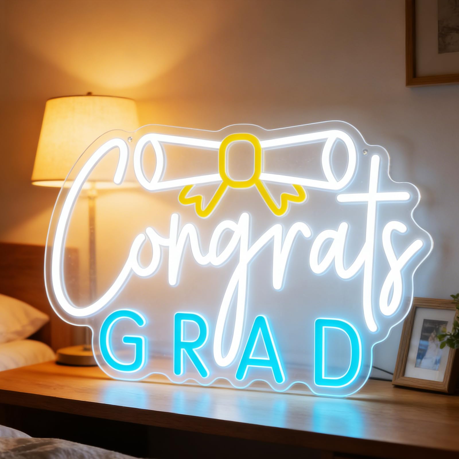 Congrats Grad Neon Sign White & Blue LED Wall Decor for Home Bar Graduation Party Decoration & Photo Booth Diploma Neon Wall Art for Dorm Office & Graduation Celebration