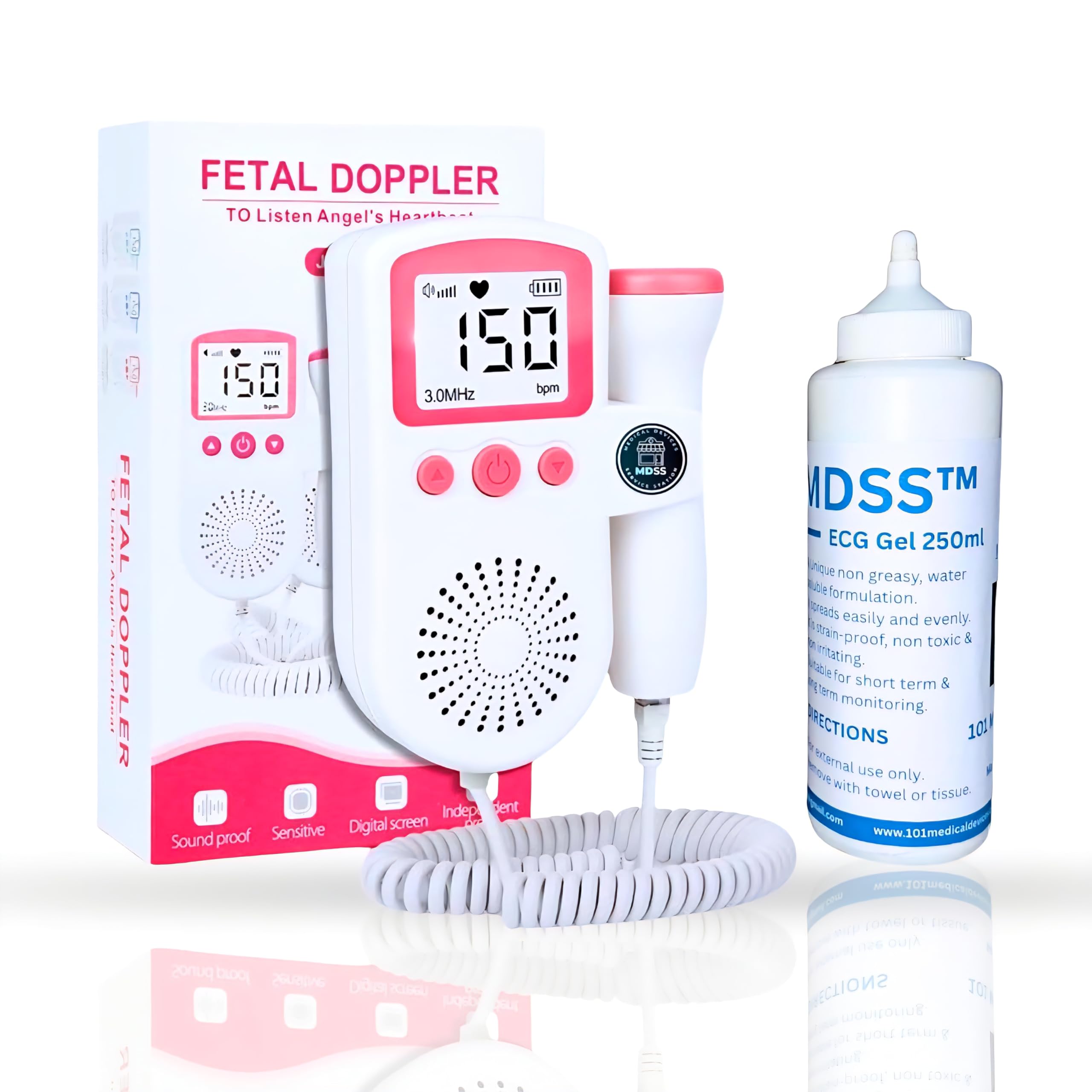 Fetal Doppler Monitor, Portable Pregnancy Heartbeat Detector, White with Pink Buttons, Digital Display, Battery Operated, Complete Kit with User Manual and 2 AA Batteries, Model T502